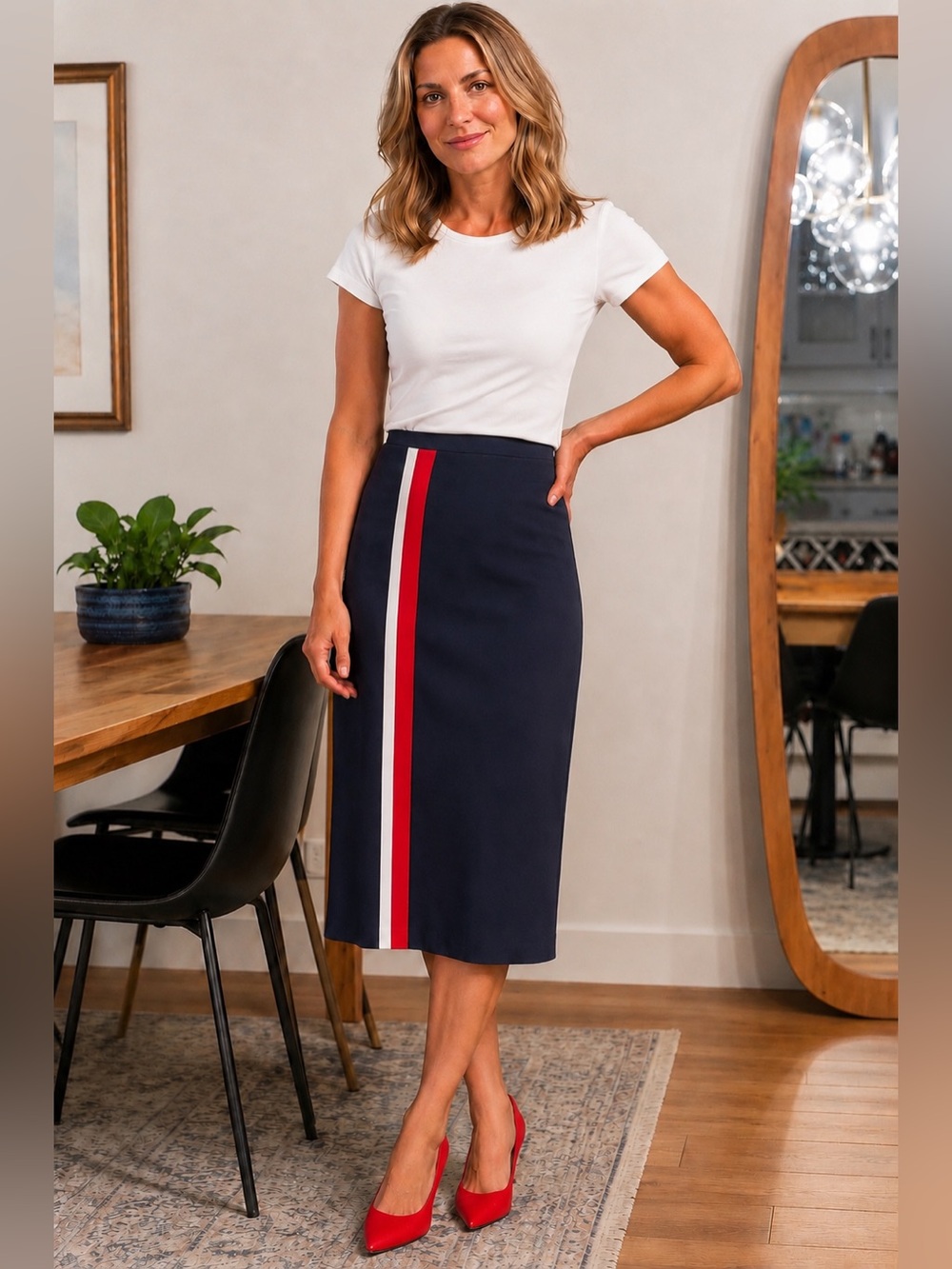 Stylish Navy A-Line Skirt with Red and White Stripe